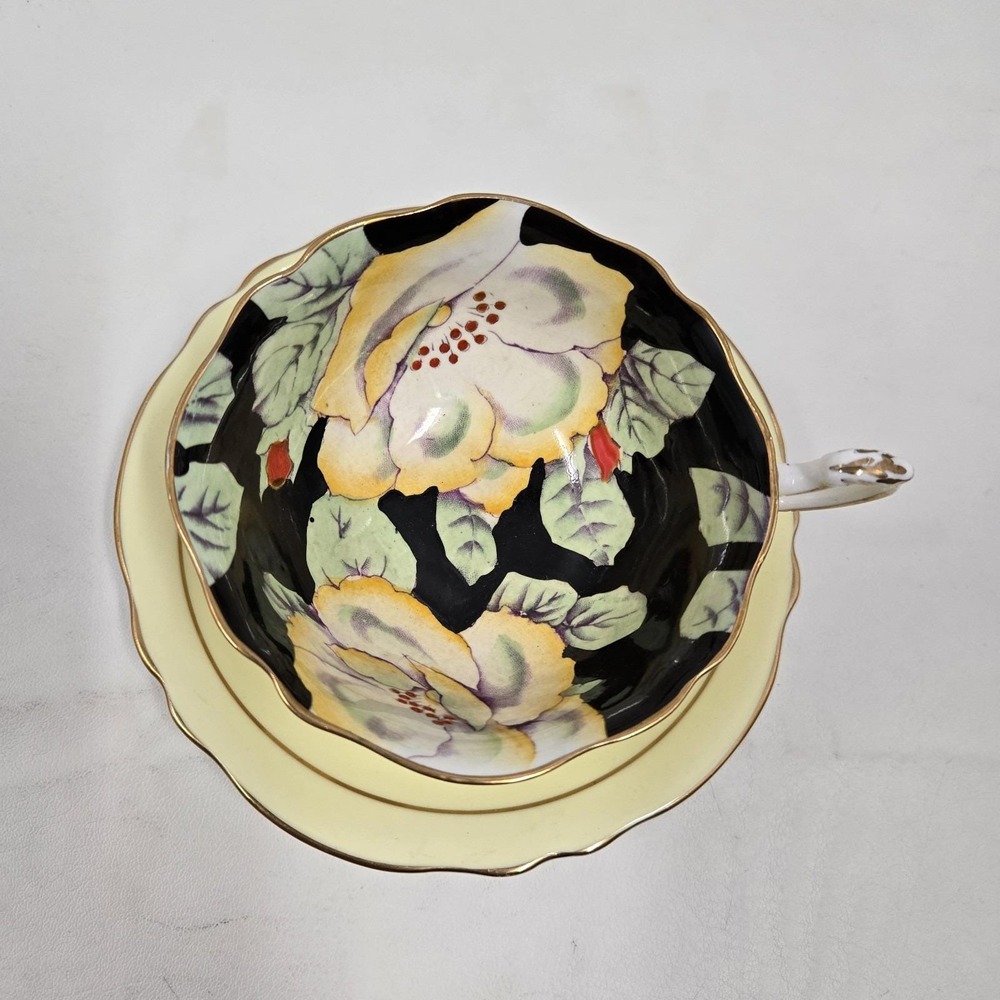 Paragon Fine Bone China Teacup & Saucer Black Yellow Hibiscus Vintage